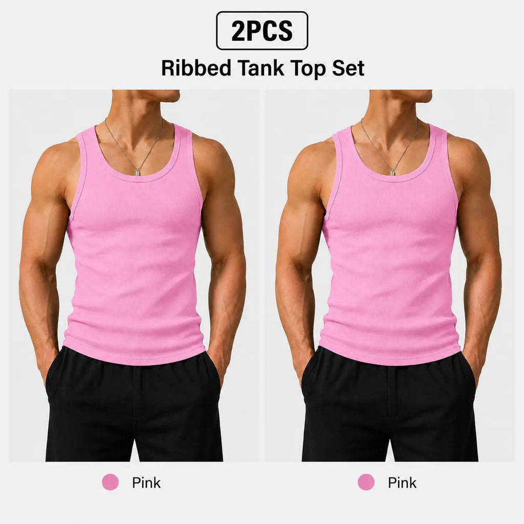 Summer men’s 2-pack anti-crease, no-bulge, high-stretch sleeveless U-neck tank tops—colorfast, wear-resistant, non-pilling, shape-stable—suitable for everyday, indoor, and sports casual wear.