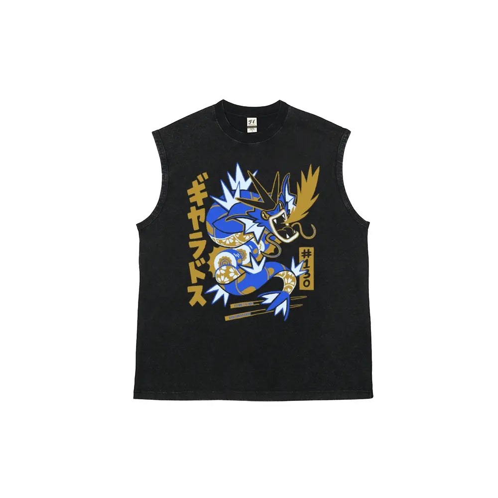 Japanese Text Blue Dragon Creature Unisex Plus Size Summer Graphic Tees Personalized Pattern Y2k Clothing Round Neck Sleeveless Washed Vests,Women's Clothing 100% Cotton, Menswear, Top, Vintage Style, Casual Oversized