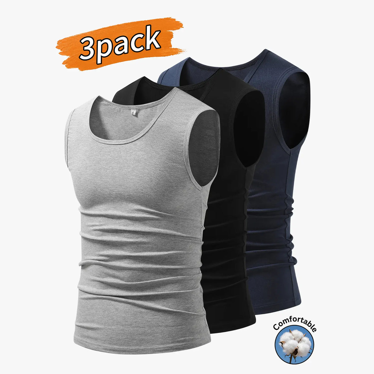 3-Pack Men’s Tank Tops, Men’s Sleeveless T-Shirts, Men’s Cotton Tank Tops Crew neck, simple design; soft, stretchy fabric that feels gentle against the skin and is breathable when worn. Suitable for everyday layering, home wear/sleeping, and workouts/runn