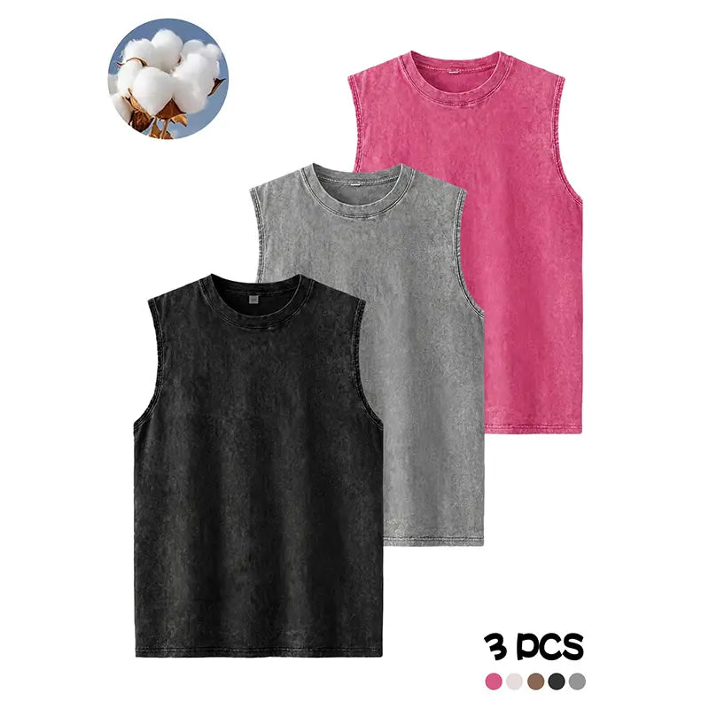 Men's Fashion Washed Pure Cotton Crew Neck Sleeveless Tank Tops, Breathable Moisture-Wicking Vest for Summer Outdoor Sports, Casual Outings