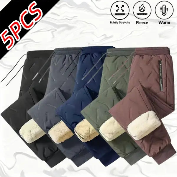 Men's 5-Pack Chic Plain Athletic Thermal Pants - Fleece-Lined Cotton, Thick, Wind-Resistance, Cold-Protective, High-Stretch Elastic Waistband, Tapered Long, Activewear Sportswear for Hiking/Light Outdoor, Everyday Commuting