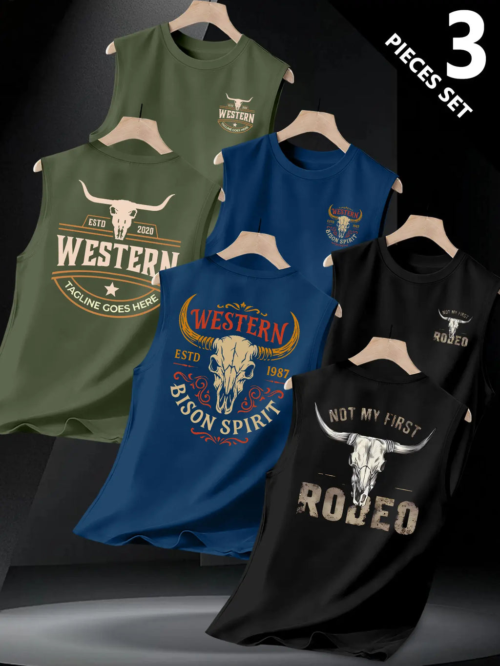 3-Pack Texas Western Cowboy Print Sleeveless Vest, Vintage Bull Head Design, Comfortable Sporty Top, Daily Wear, Unique Style, Tank Vest
