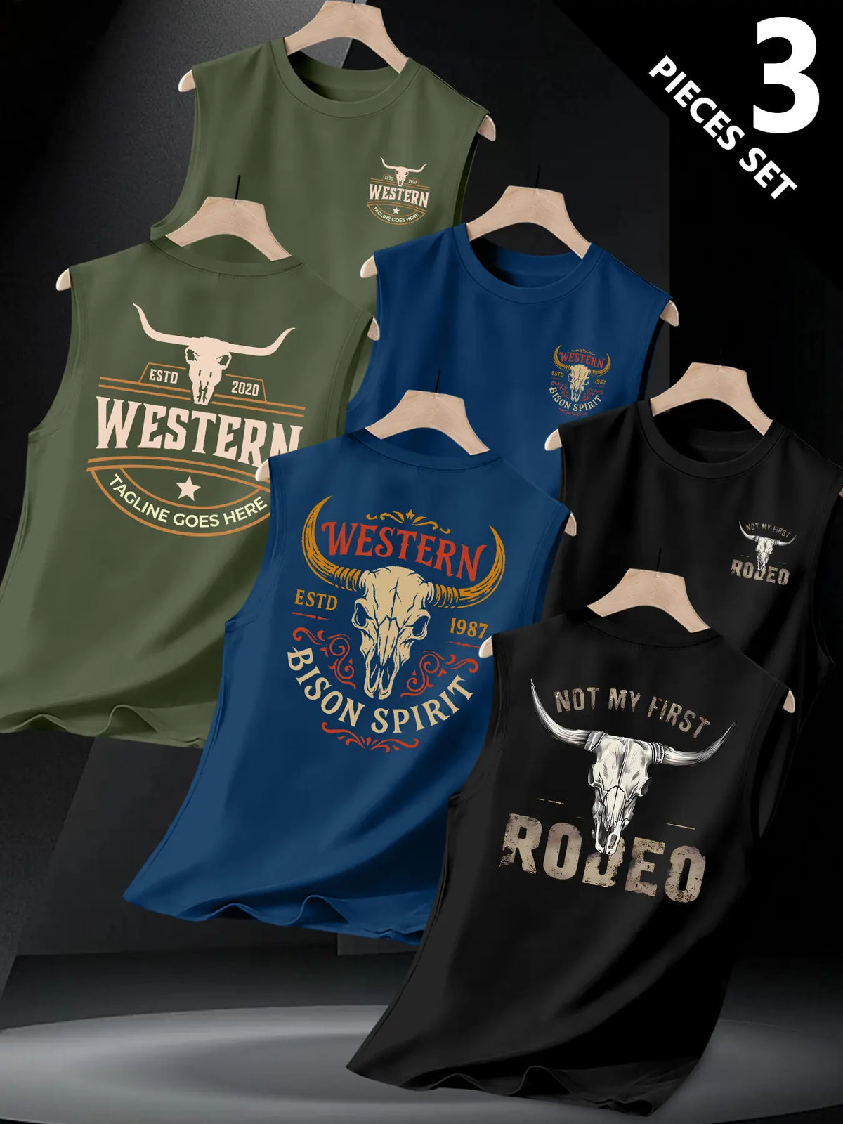 3-Pack Texas Western Cowboy Print Sleeveless Vest, Vintage Bull Head Design, Comfortable Sporty Top, Daily Wear, Unique Style, Tank Vest