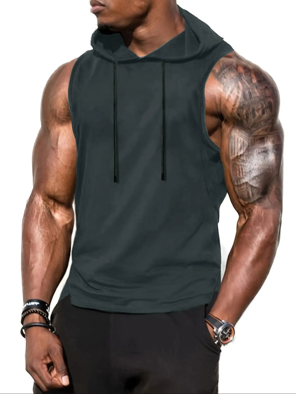 Men's Plain Drawstring High Low Hem Hooded Tank Top, Sleeveless Shirt, Regular Fit Casual Sleeveless Vest, Going Out Top, National Day Clothing, Sleeveless Clothes