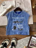 Vintage Animal Shark Print Top, Tank Shirt, Unisex Loose Fit Streetwear, Breathable Comfort Fabric, Perfect for Spring Summer