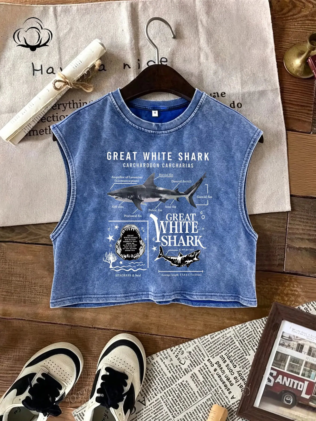 Vintage Animal Shark Print Top, Tank Shirt, Unisex Loose Fit Streetwear, Breathable Comfort Fabric, Perfect for Spring Summer