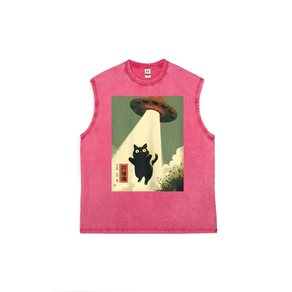UFO Abducting Black Cat Retro Poster Style Unisex Plus Size Summer Sleeveless Vests Personalized Pattern Y2k Clothing Round Neck Washed Vests,Women's Clothing 100% Cotton, Menswear, Top, Vintage Style, Casual Oversized