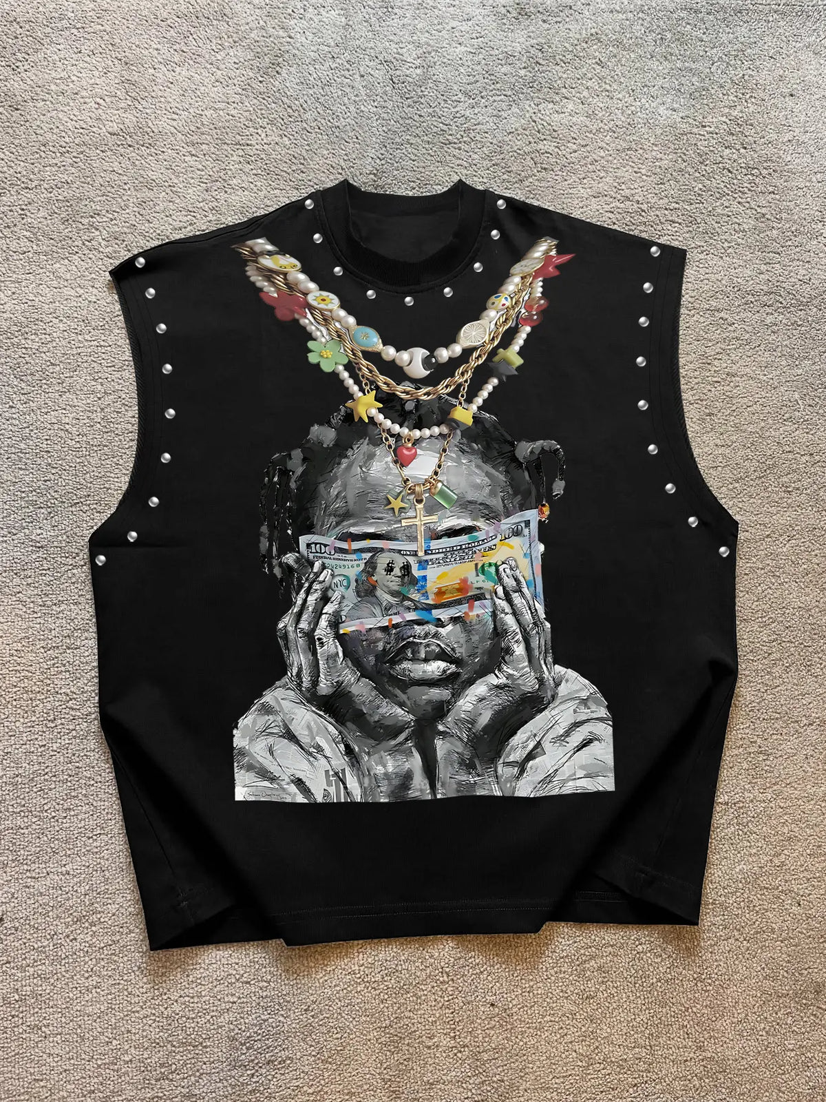 Trendy Men's Round Neck Asymmetrical Fashion Tank Top Vest with Character Graphic Print Front, Decorative Necklace Design, Letter Slogan Back, Skin-Friendly Fabric, Streetwear Style