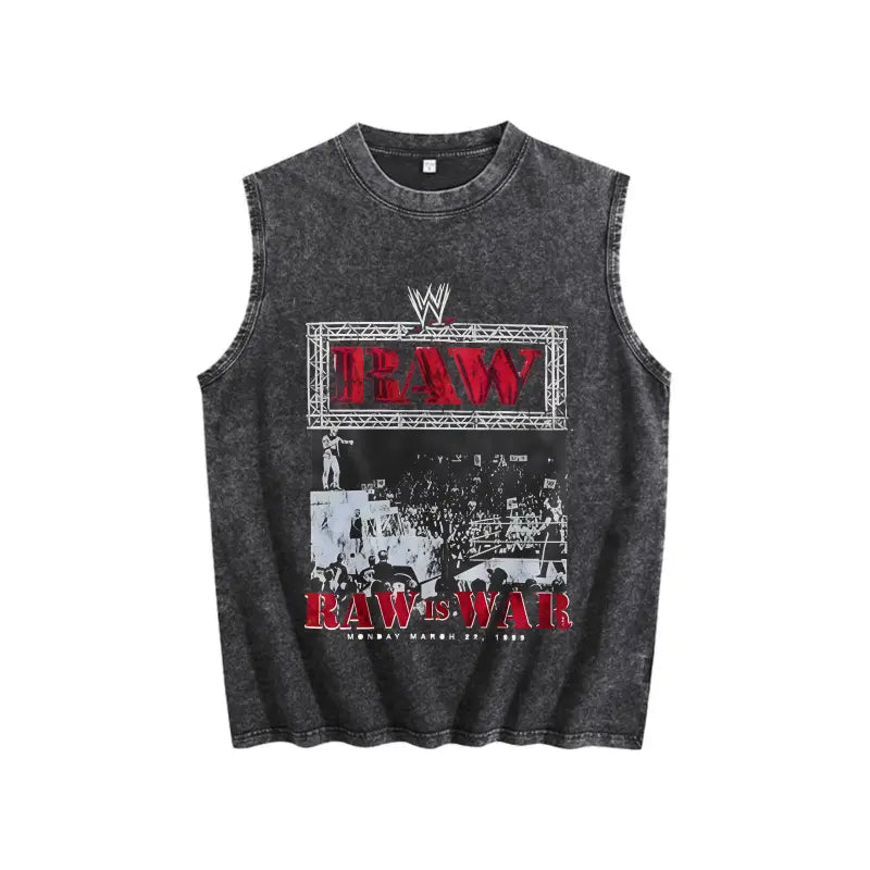 WWE 2026 RAW Legends Exclusive Limited Washed Graphic Vest Heavyweight Premium Cotton Oversized Streetwear Urban Fashion Sleeveless Crewneck Soft Comfortable Casual Summer Top Trendy Retro Apparel Daily Outfit Perfect Gift For Wrestling Fans Adult Men