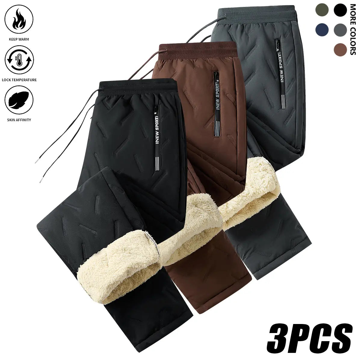 Men’s 3-Pack Fleece-Lined Plain Full-Length Solid Thermal Pants - Low-Rise Elastic Waistband with Drawstring, Zippered Pockets, Machine-Washable Woven Casual Menswear for Under-Layer Warmth