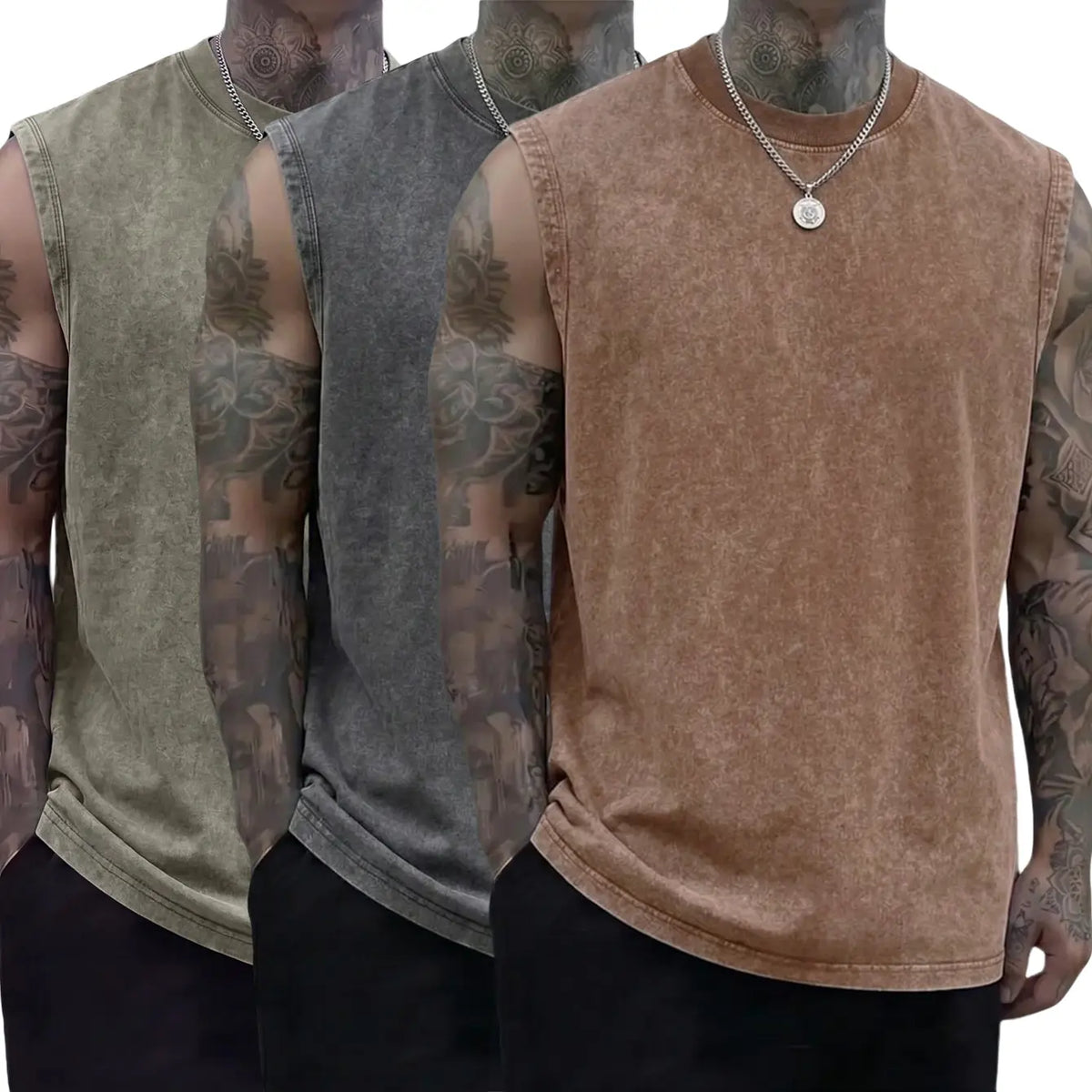 Men’s 3-Pack 230g Full Cotton Heavyweight Mock Neck Sleeveless Undershirts - Casual Vintage Clothing, Muscle Tee Vests, Athletic Sleeveless Vests, Loose Fit Solid Color Skin-Friendly Unisex Retro Tank Tops, Machine Washable, Suitable for Sports