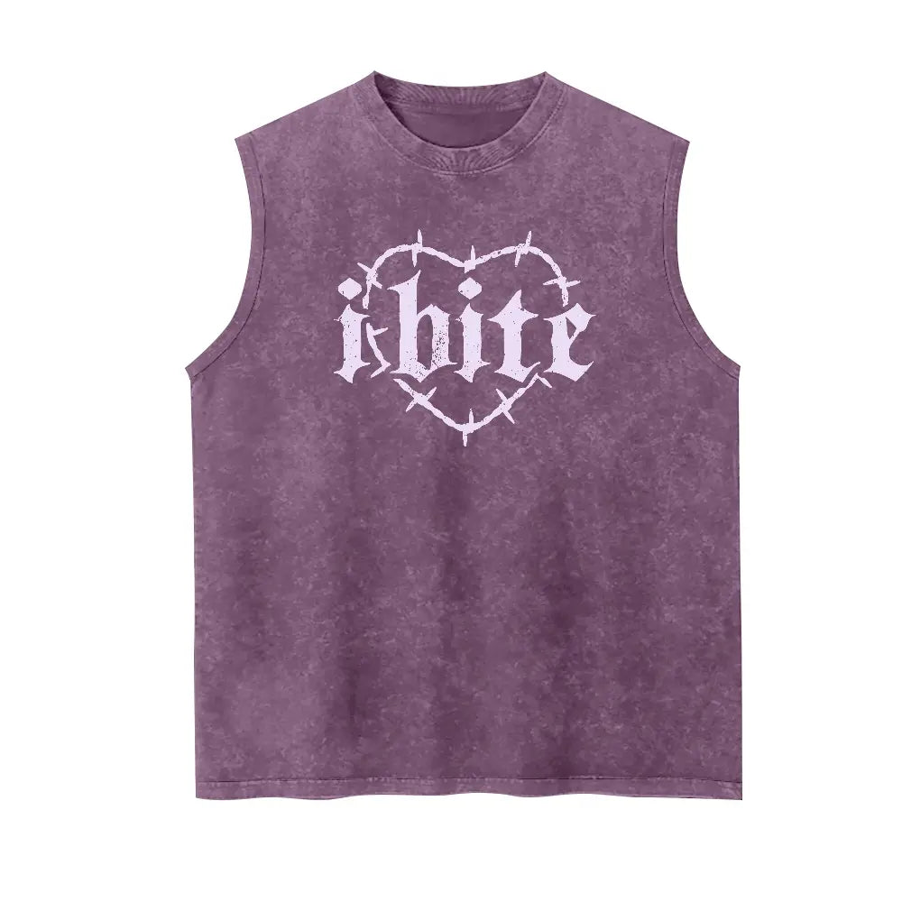 Men's "I Bite" Graphic Tank Top - 100% Cotton Vintage Washed Distressed Sleeveless Goth Streetwear, Soft Breathable Loose Fit Sarcastic Apparel, Casual Retro Alt Clothes Menswear, Tank Tops