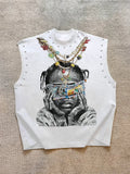 Trendy Men's Round Neck Asymmetrical Fashion Tank Top Vest with Character Graphic Print Front, Decorative Necklace Design, Letter Slogan Back, Skin-Friendly Fabric, Streetwear Style