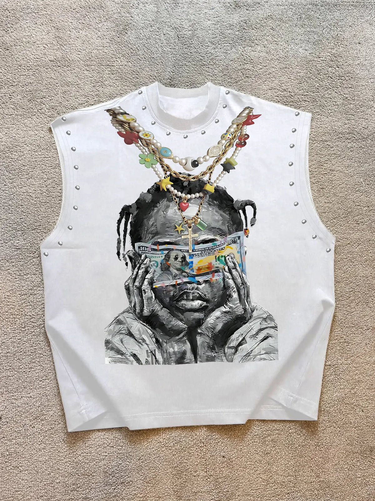 Trendy Men's Round Neck Asymmetrical Fashion Tank Top Vest with Character Graphic Print Front, Decorative Necklace Design, Letter Slogan Back, Skin-Friendly Fabric, Streetwear Style
