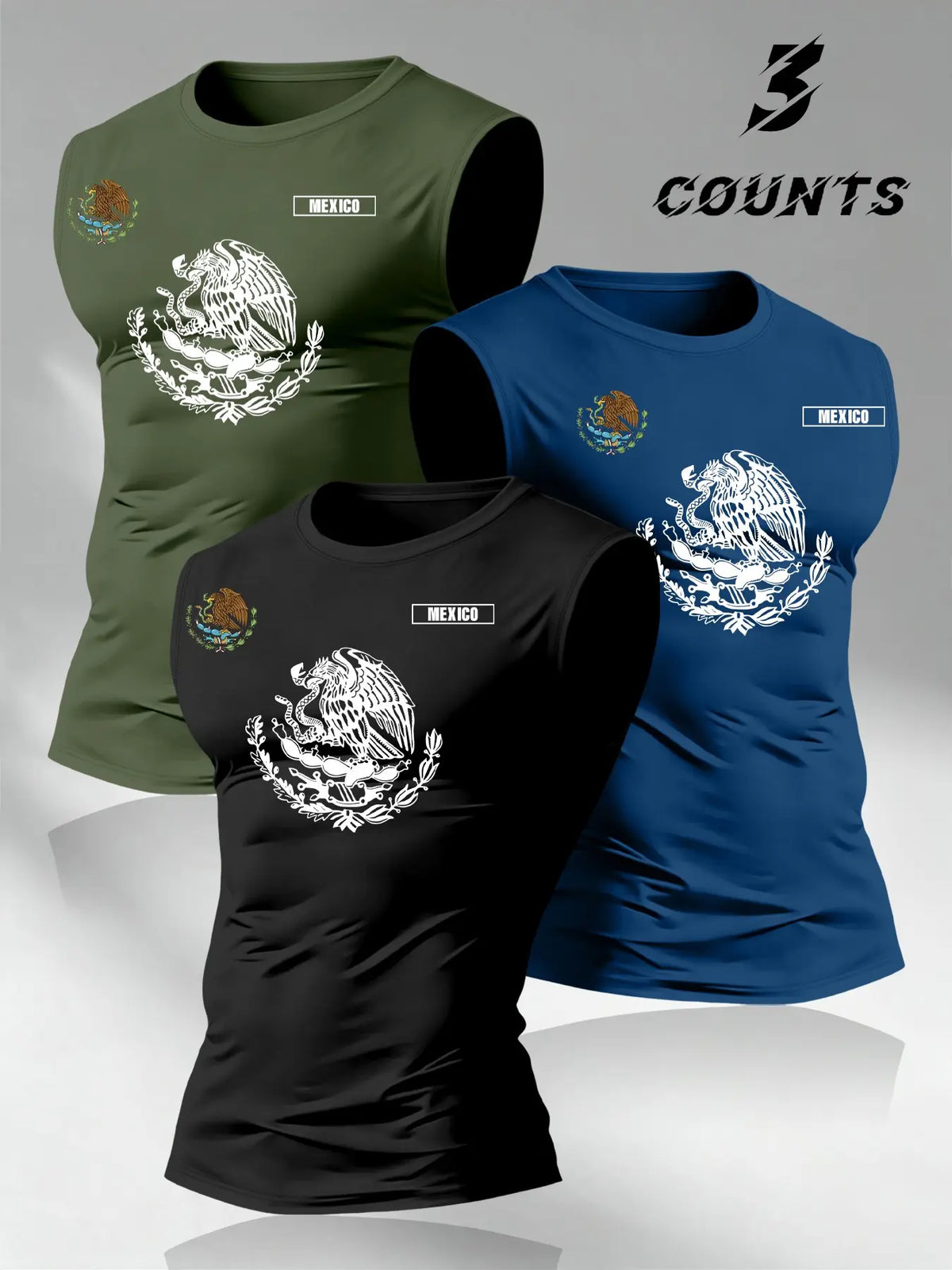 American Vintage Mexican Graphic Print Men's Tank Tops, 3-Pack Round Neck Sleeveless Tees, Trendy Tops for Memorial Day Apparel, Classic