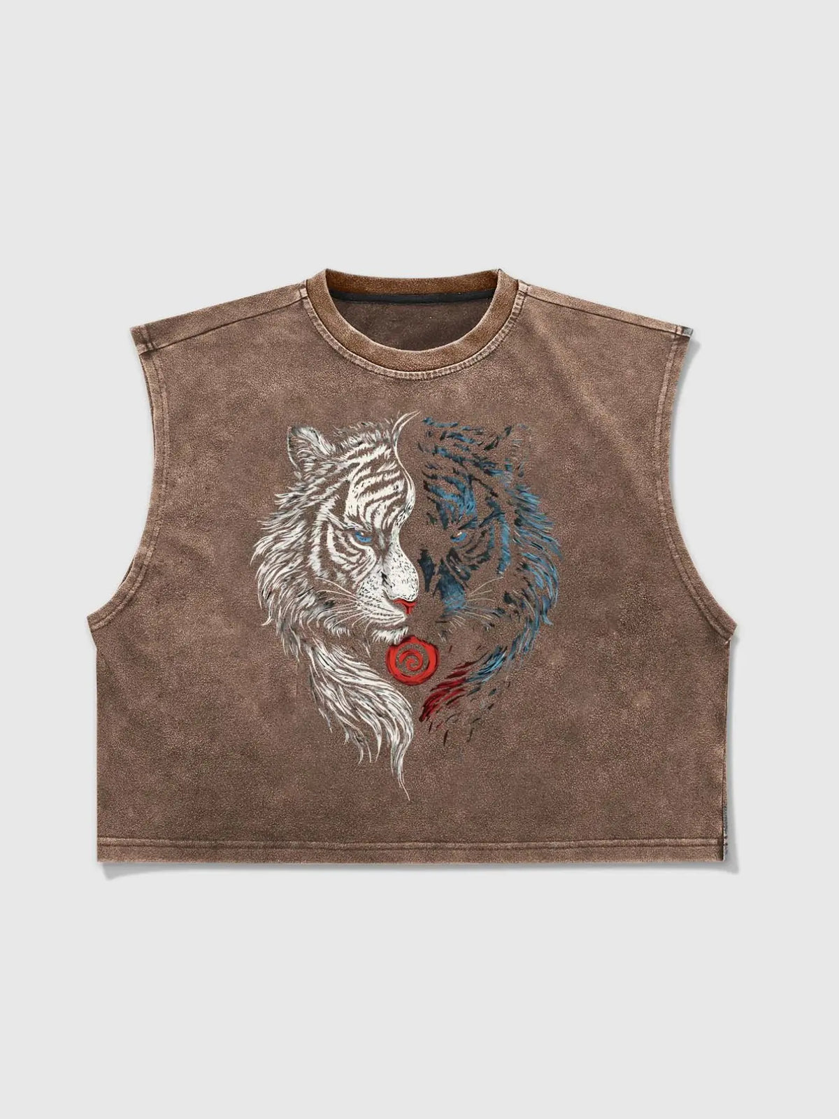 Men's Vintage Washed Animal Tiger Graphic Aesthetic Cropped Urban Street Tank Top, Sleeveless Casual Streetwear, Workout Athletic Muscle Shirt, Sporty Fitted Design, Menswear, Muscle Singlet, Vest Tops