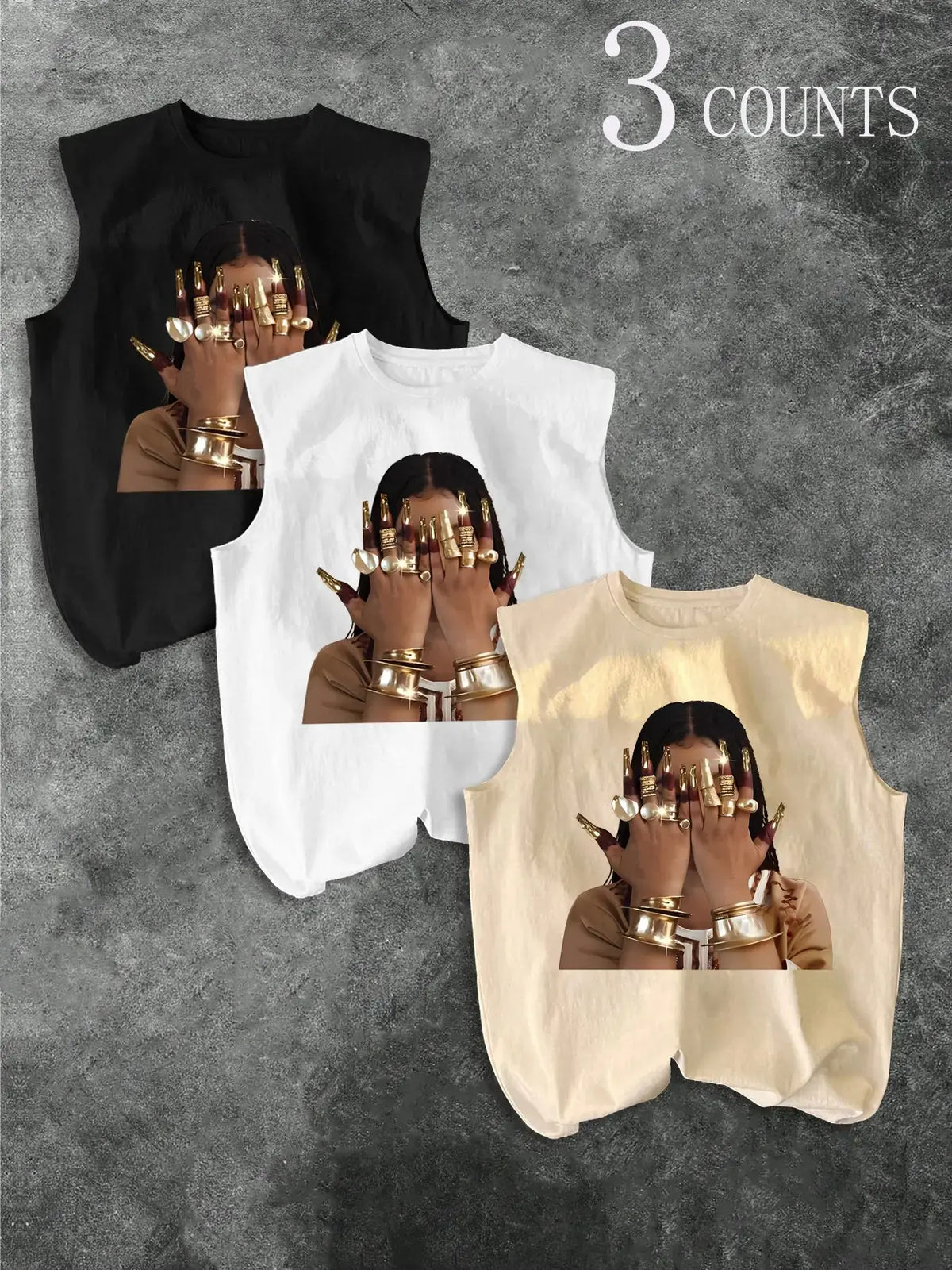 Men's Three-Piece Trendy Casual Oversized Loose Sleeveless Vest Set, Face-Wiping Woman Graphic Print, Perfect for Summer Clothes, Vacation, Friend Gatherings