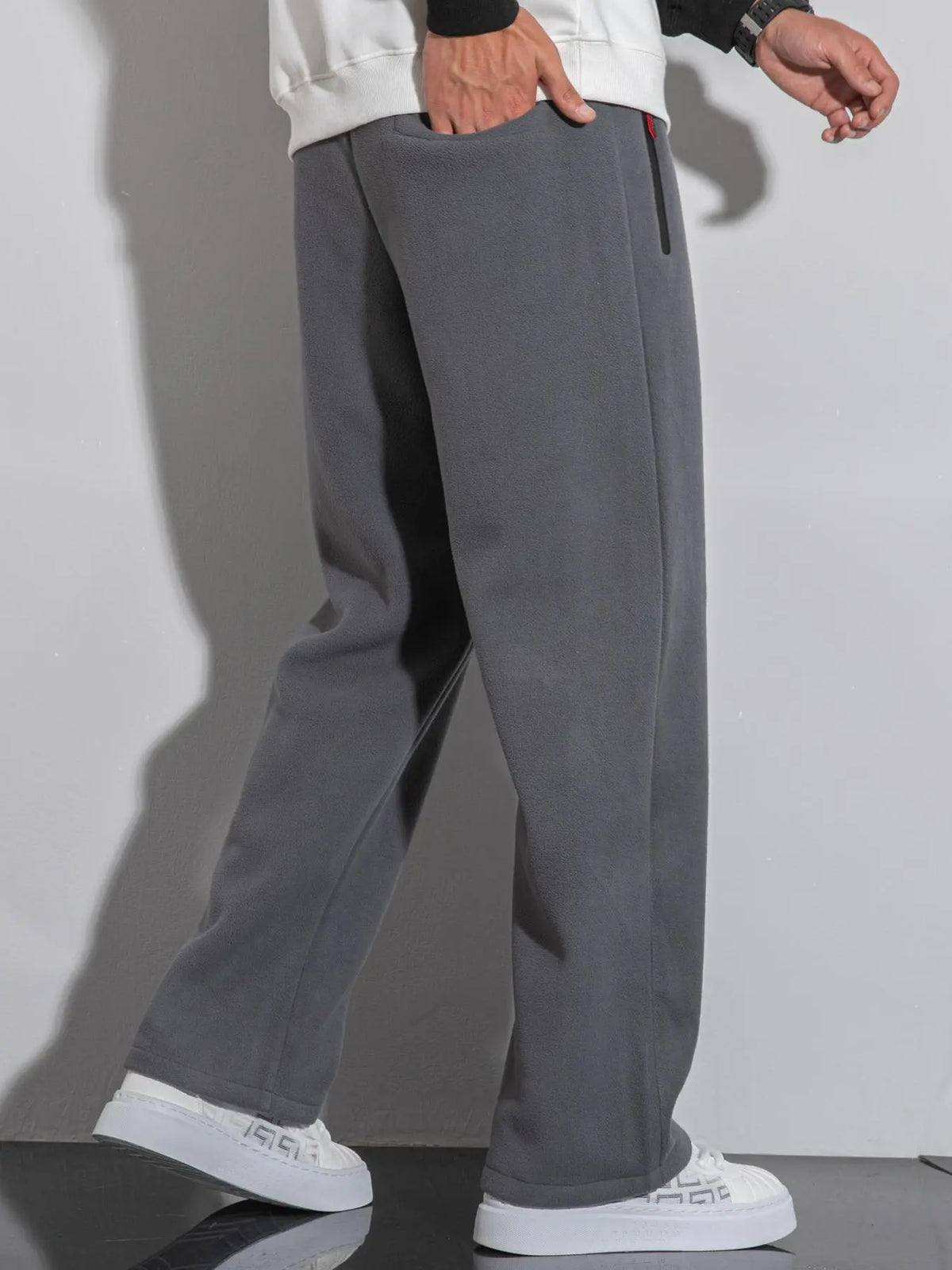 Plus Size Men's Solid Color Reversible Fleece Lined Pants, Casual Comfy Waterproof Zipper Design Straight Leg Trousers for Fall & Winter, Men's Bottoms for Daily Wear
