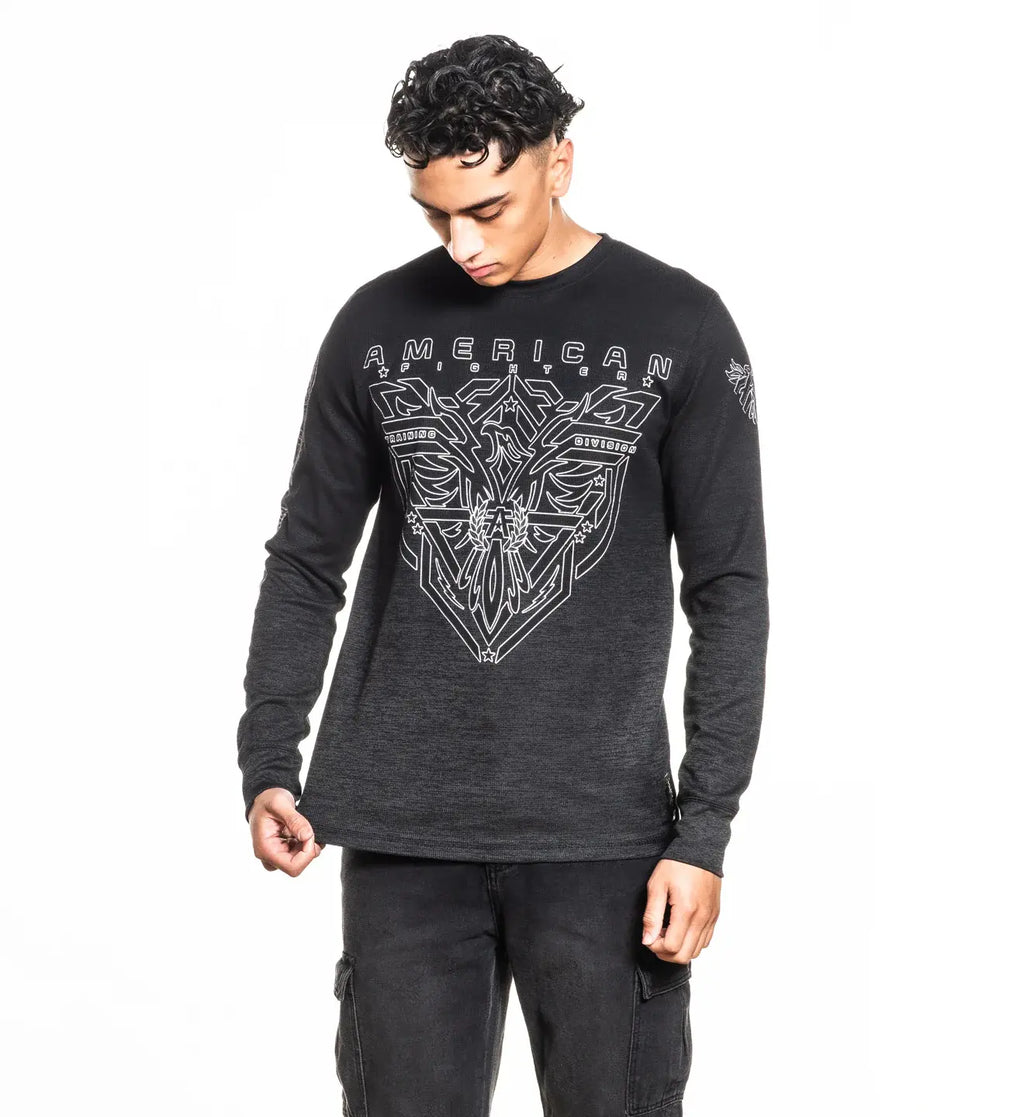 American Fighter Men's Black Rock Crew Neck Thermal Long-Sleeve Casual Graphic Top - Cotton-Blend Polyester Fabric, Sublimated Neo Tetris Design, Gothic, 90s Kid Aesthetic, All-Season, Pull-On, Cold-Wash Compatible, Top-Down Wear