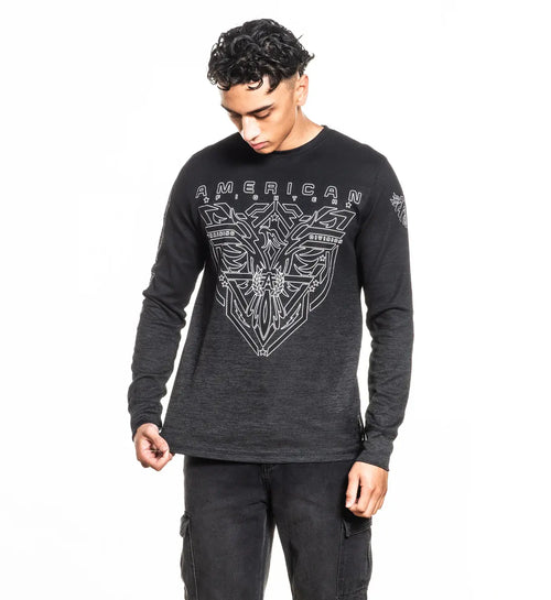 American Fighter Men's Black Rock Crew Neck Thermal Long-Sleeve Casual Graphic Top - Cotton-Blend Polyester Fabric, Sublimated Neo Tetris Design, Gothic, 90s Kid Aesthetic, All-Season, Pull-On, Cold-Wash Compatible, Top-Down Wear