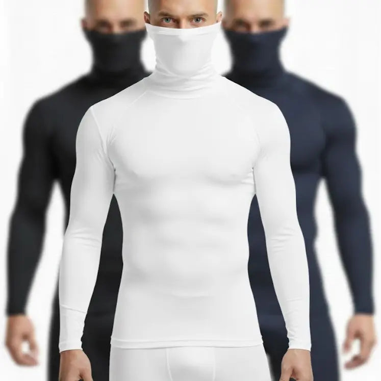 High Level HL Men's High-Neck Thermal Compression Long-Sleeve Plain T-Shirt with Face Cover Option - All-Season Athletic Fitted Activewear (Black, Grey, White, Navy)