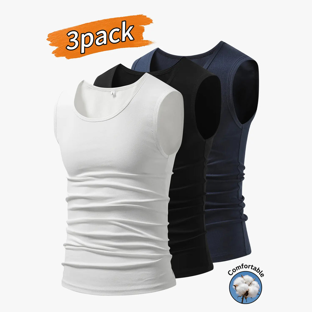3-Pack Men’s Tank Tops, Men’s Sleeveless T-Shirts, Men’s Cotton Tank Tops Crew neck, simple design; soft, stretchy fabric that feels gentle against the skin and is breathable when worn. Suitable for everyday layering, home wear/sleeping, and workouts/runn