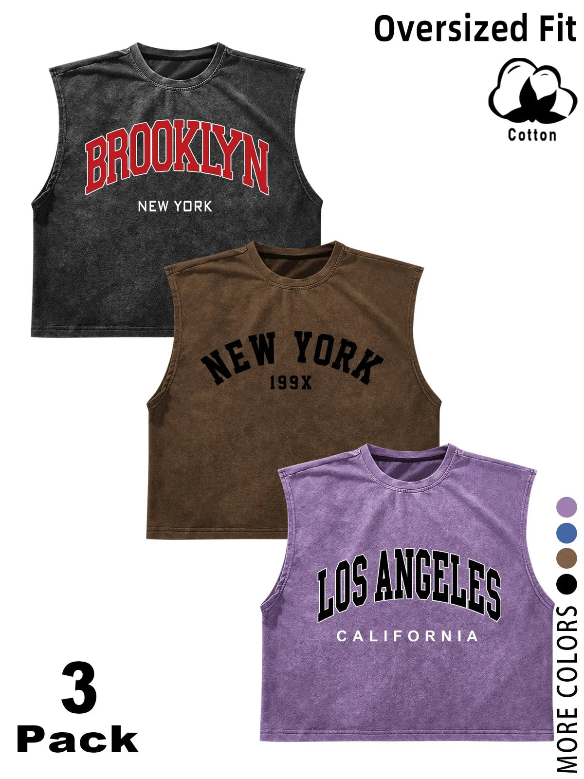 3 Pack/1 Pack Vintage Washed Solid Sleeveless Tank Tops, Unisex Oversized Crew Neck Cotton Cropped Muscle Shirts, Casual Loose Fit Basic Tees, Breathable Soft Fabric, Multiple Colors Available, Men Women Summer Streetwear, Workout, Daily Wear, Y2K Style