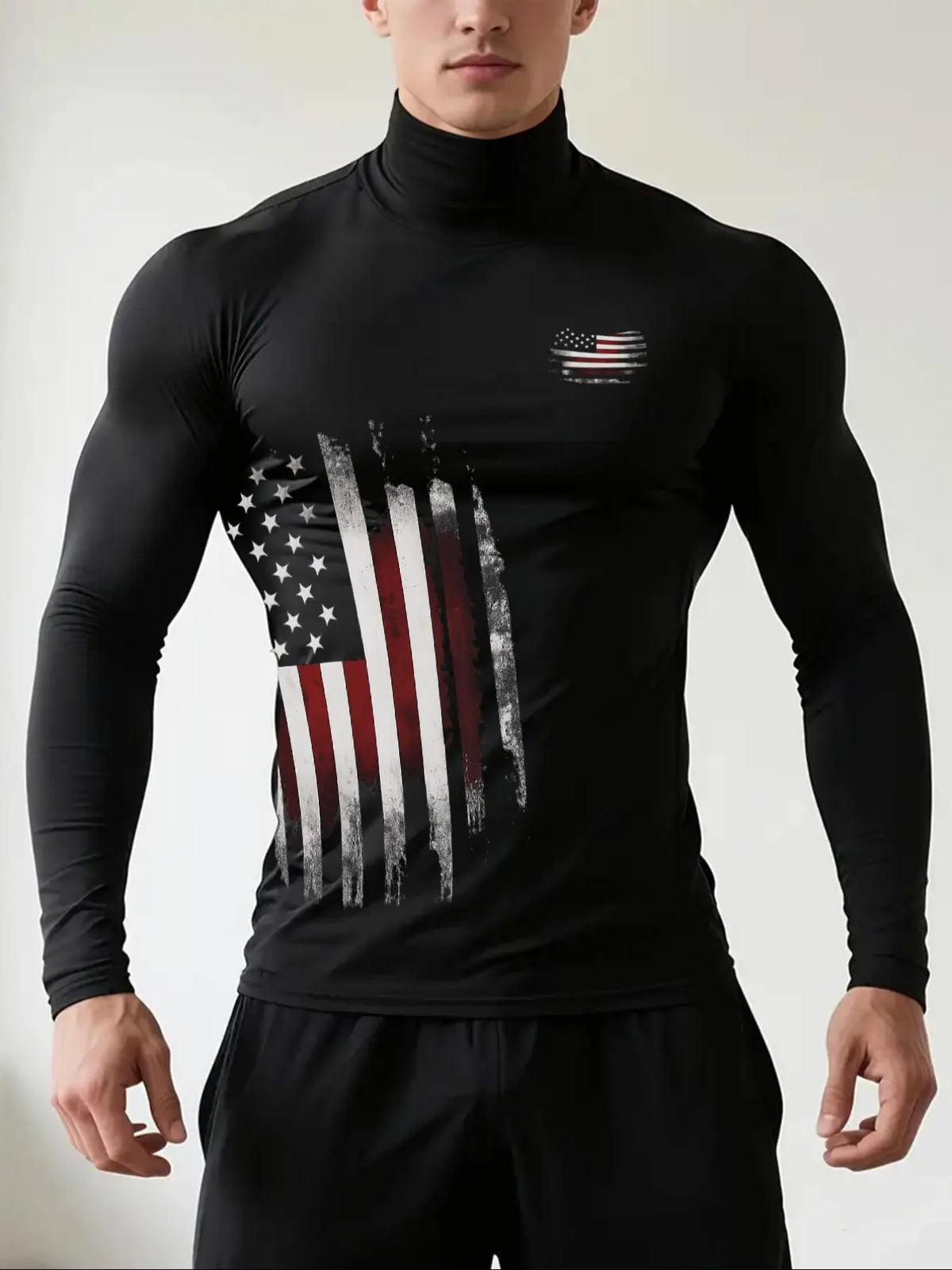 Men's High Neck Long Sleeve Slim Fit Fitted Warm Graphic Top, Casual Winter Wear, Moderate Fabric Thickness, Perfect for Cold Weather