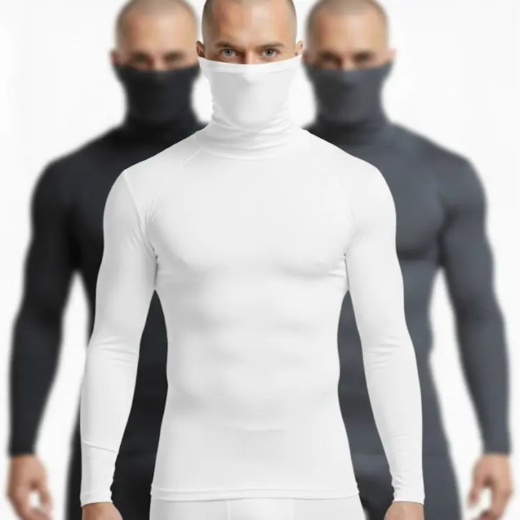 High Level HL Men's High-Neck Thermal Compression Long-Sleeve Plain T-Shirt with Face Cover Option - All-Season Athletic Fitted Activewear (Black, Grey, White, Navy)