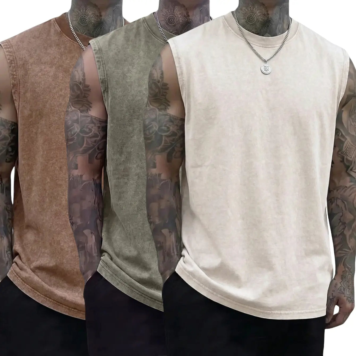 Men’s 3-Pack 230g Full Cotton Heavyweight Mock Neck Sleeveless Undershirts - Casual Vintage Clothing, Muscle Tee Vests, Athletic Sleeveless Vests, Loose Fit Solid Color Skin-Friendly Unisex Retro Tank Tops, Machine Washable, Suitable for Sports