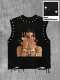 Men's Round Neck Sleeveless Casual Vest, Graphic Print + Stud Design Ripped Hem, Loose-Fitting Short Shoulder Tank Top, Sleeveless Tanks for Spring Summer, Menswear