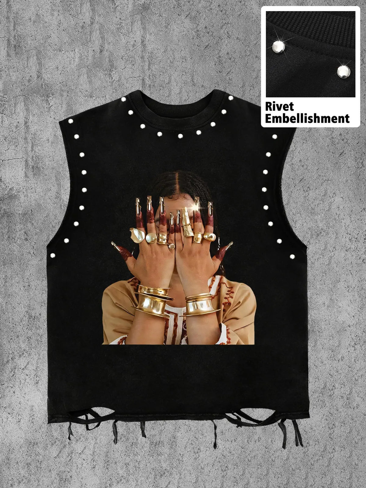 Men's Round Neck Sleeveless Casual Vest, Graphic Print + Stud Design Ripped Hem, Loose-Fitting Short Shoulder Tank Top, Sleeveless Tanks for Spring Summer, Menswear