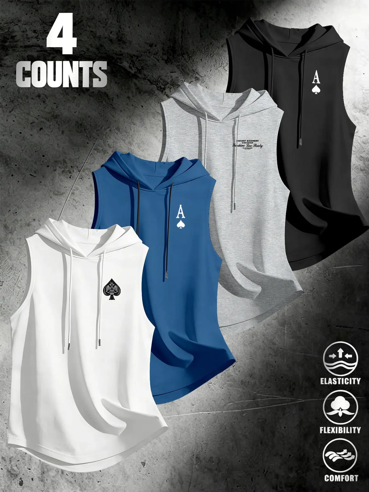 4 Piece Set Men's Streetwear Hooded Sleeveless Clothes Tank Tops, Urban Street Tank, Ace Dark Style, Loose Fit, Multi-Color, Casual Fitness Wear, Stylish Tank Tops
