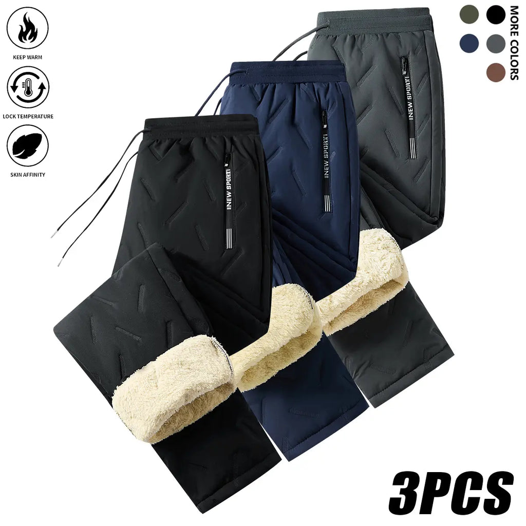 Men’s 3-Pack Fleece-Lined Plain Full-Length Solid Thermal Pants - Low-Rise Elastic Waistband with Drawstring, Zippered Pockets, Machine-Washable Woven Casual Menswear for Under-Layer Warmth