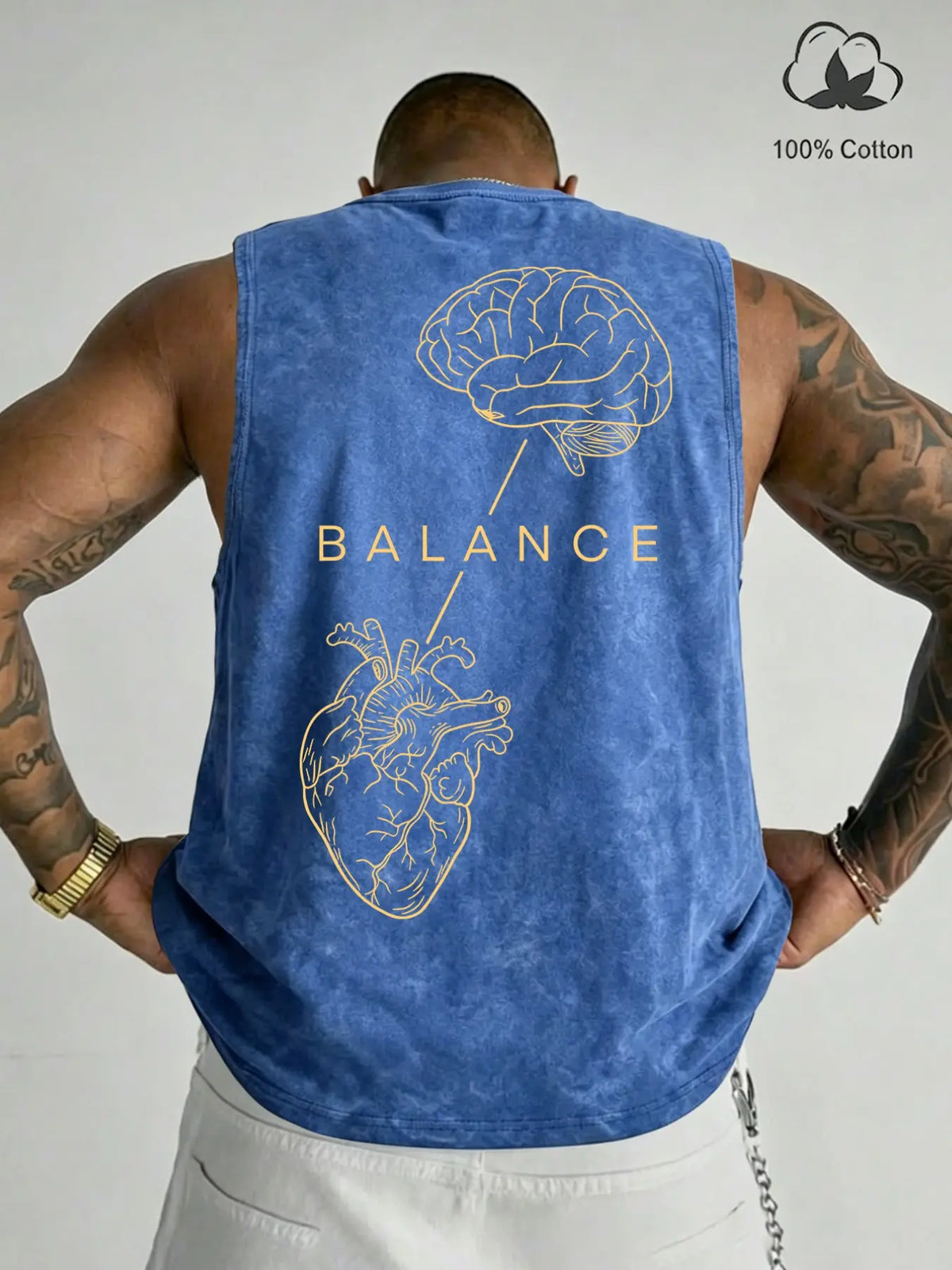 100% Cotton Vintage Wash Sleeveless Tank Top, Brain Heart Balance Minimal Line Art Back Print Loose Fit Gym Sleeveless Activewear Fitness Wear Streetwear Graphic Vest, Sleeveless Workout Vest