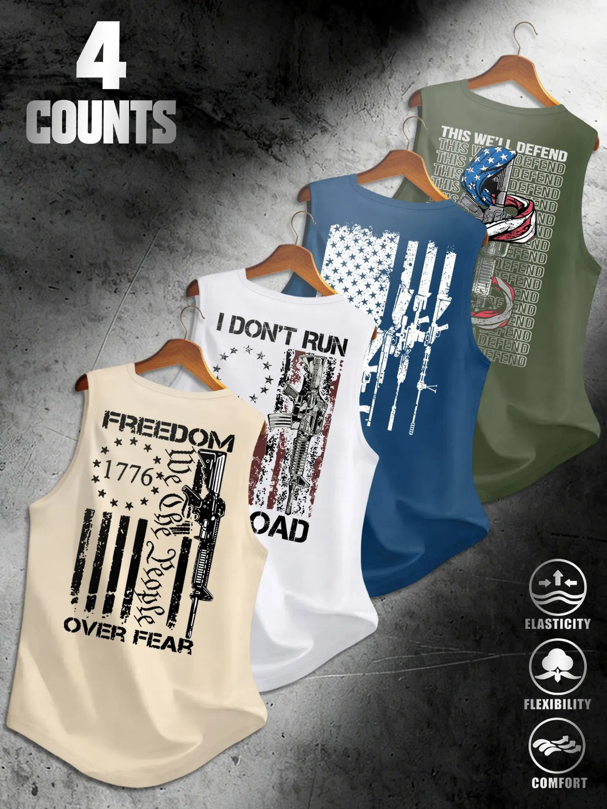 American Flag Print Men's Sleeveless Vest 4-Pack, Breathable Stretchy Fabric, Sporty Fitted, Comfortable for Daily Streetwear, Graphic Sleeveless Shirts