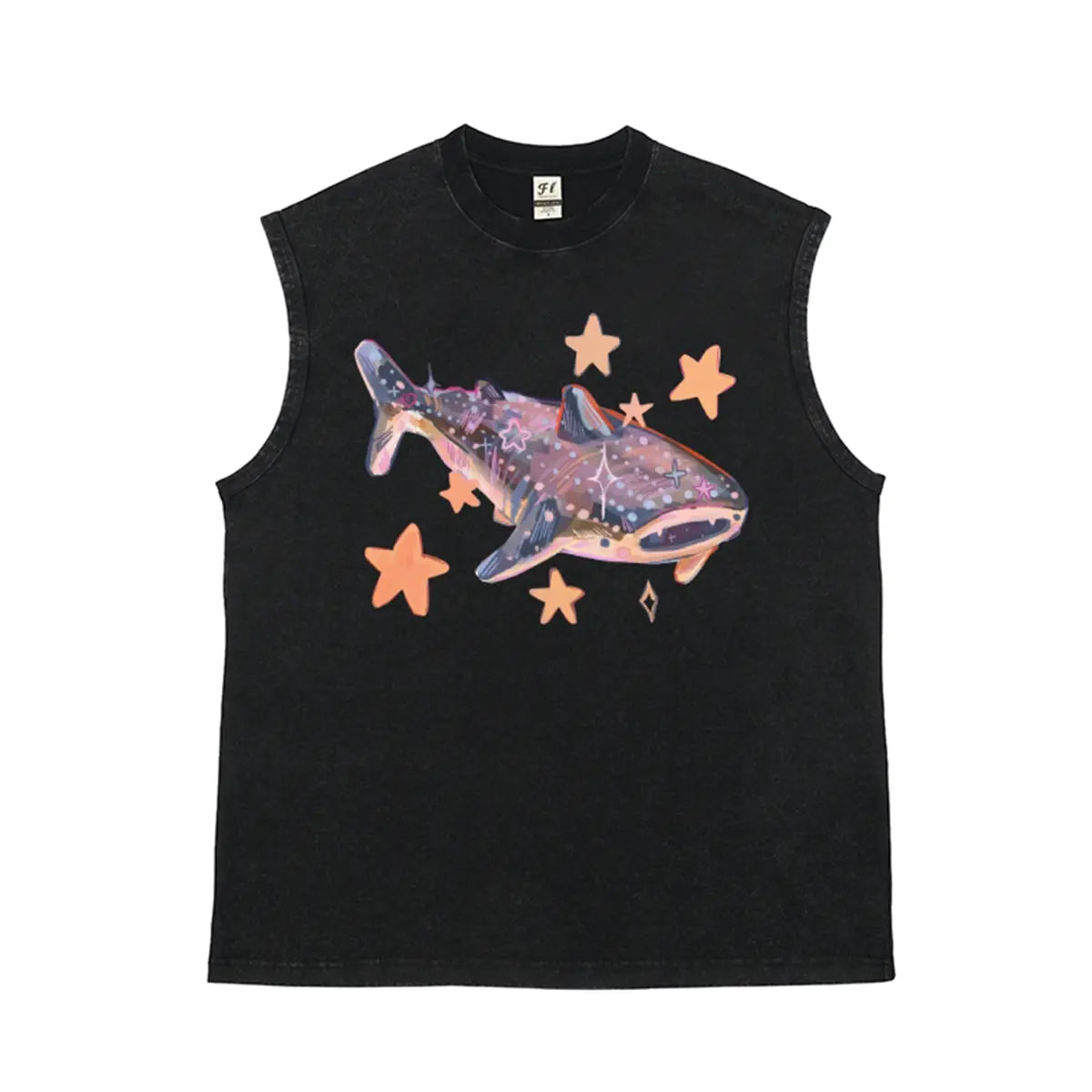 Starry fairy tale aesthetic Dreamlike Whale shark Marine organisms Unisex Plus Size Summer Graphic Tees Personalized Pattern Y2k Clothing Round Neck Short-Sleeved Washed Vests,Women's Clothing 100% Cotton, Menswear, Top, Vintage Style, Casual Oversized