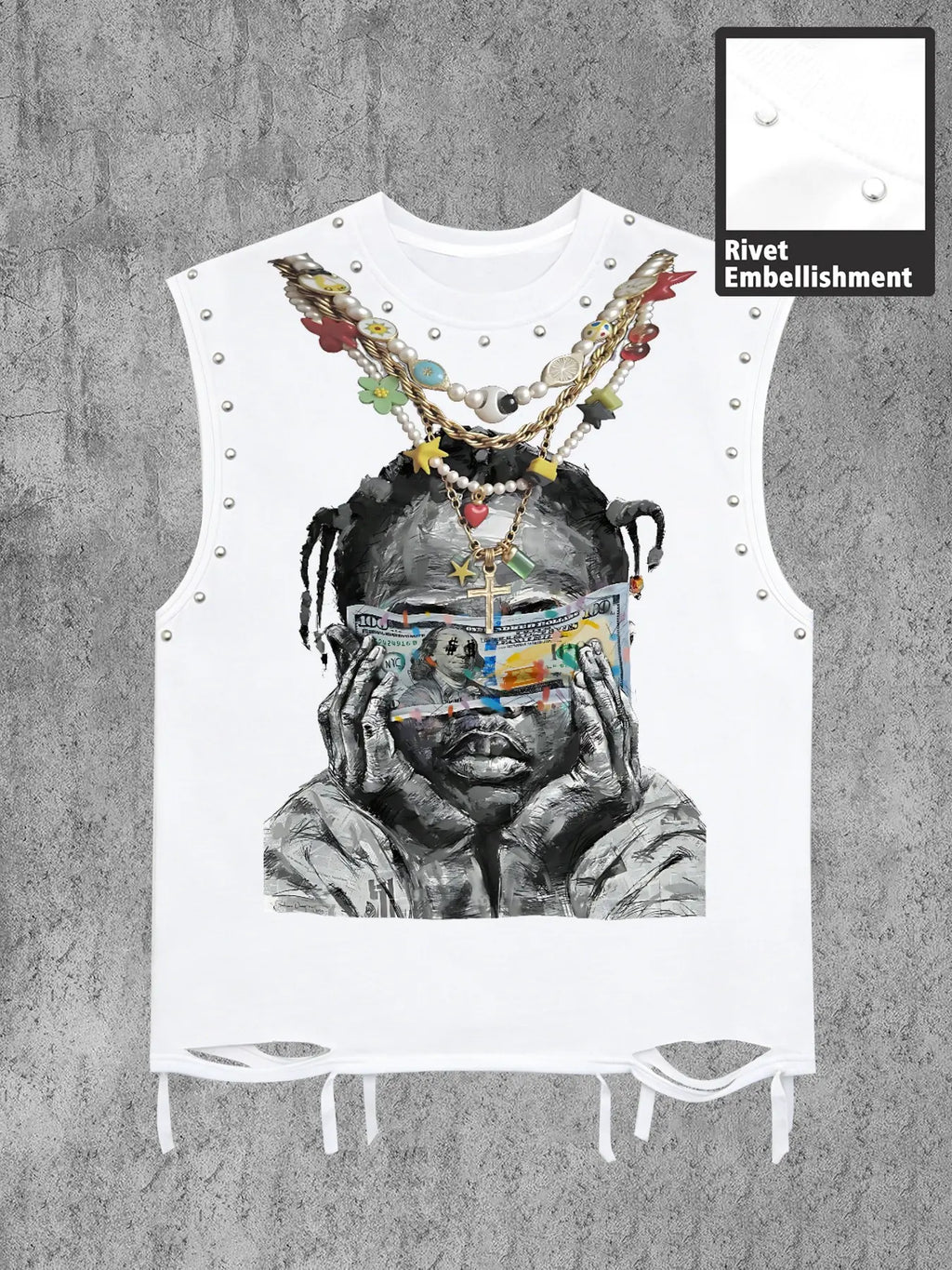 Trendy Men's Round Neck Asymmetrical Fashion Tank Top Vest with Character Graphic Print Front, Decorative Necklace Design, Letter Slogan Back, Skin-Friendly Fabric, Streetwear Style