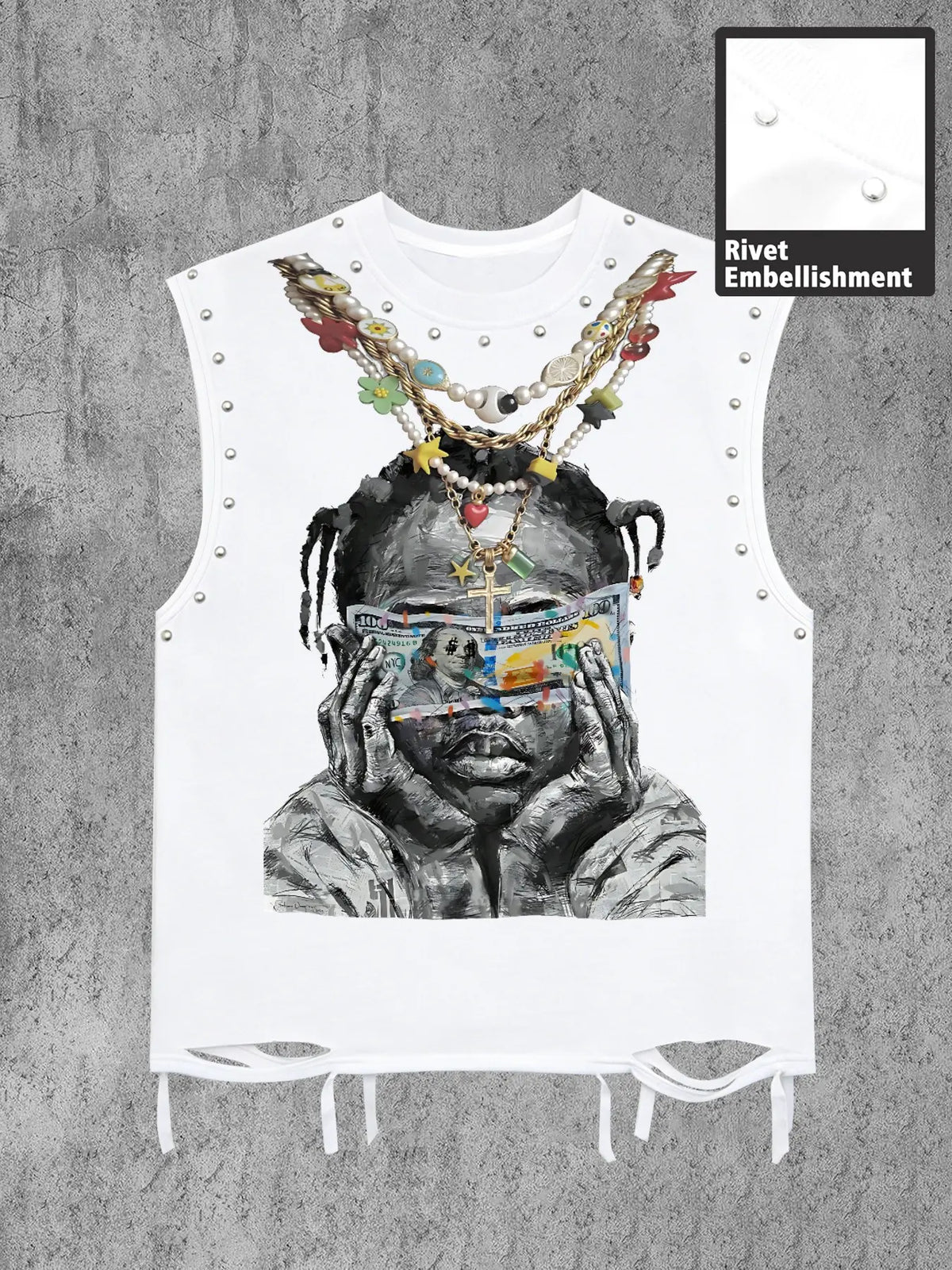 Trendy Men's Round Neck Asymmetrical Fashion Tank Top Vest with Character Graphic Print Front, Decorative Necklace Design, Letter Slogan Back, Skin-Friendly Fabric, Streetwear Style