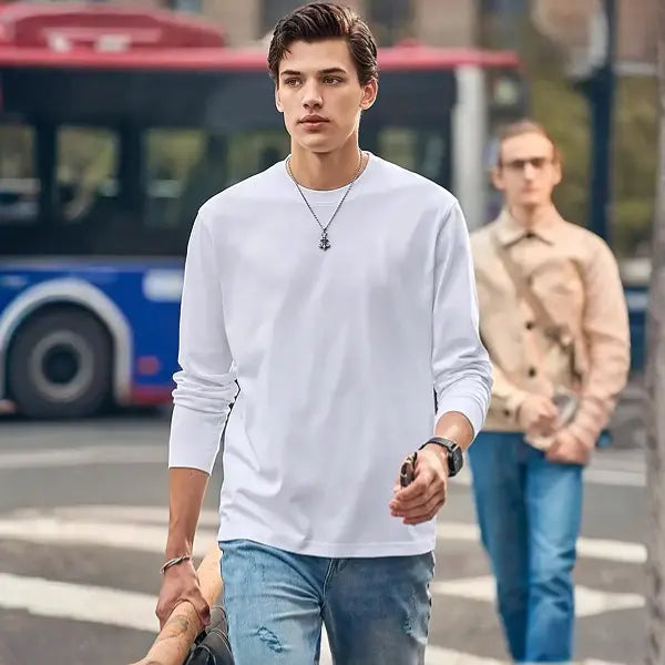 Men's Pure Cotton Soft Knit Thermal Crew Neck Long-Sleeve Shirt - Solid Plain, Warm, Casual Pull-On Pullover Top