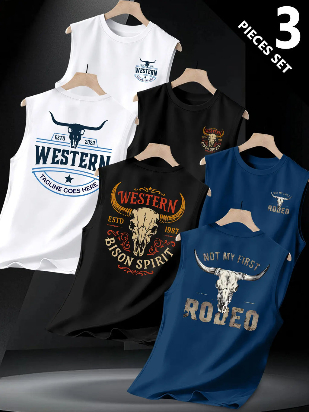 3-Pack Texas Western Cowboy Print Sleeveless Vest, Vintage Bull Head Design, Comfortable Sporty Top, Daily Wear, Unique Style, Tank Vest