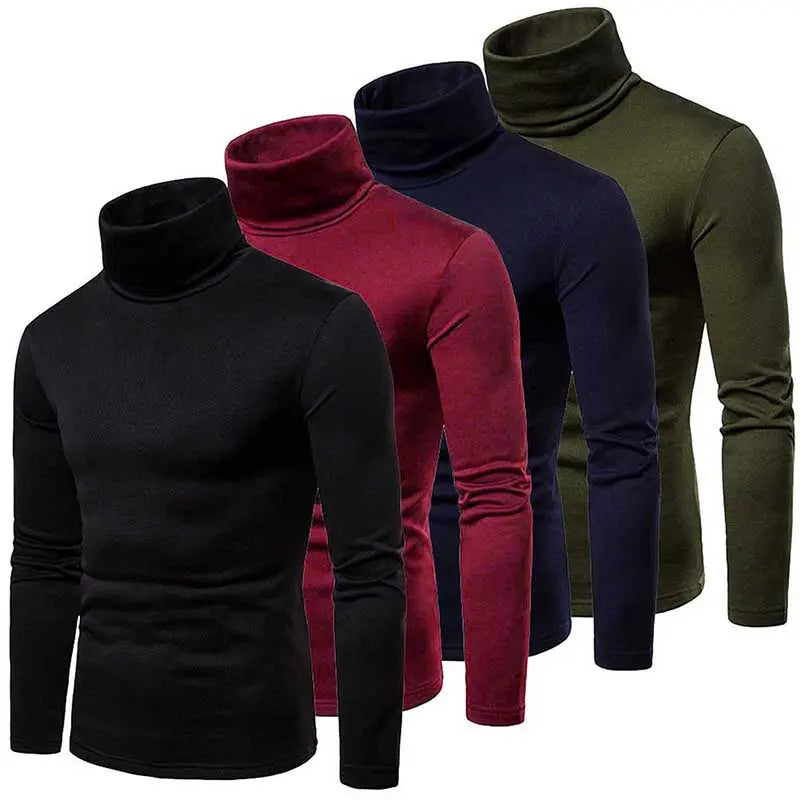Men's Stylish Turtleneck Thermal Wear Longsleeves T-Shirt, Solid Polyester Spandex Casual Menswear Base Layer - Warm Arms for Outdoor Winter Sports, No XXL Option