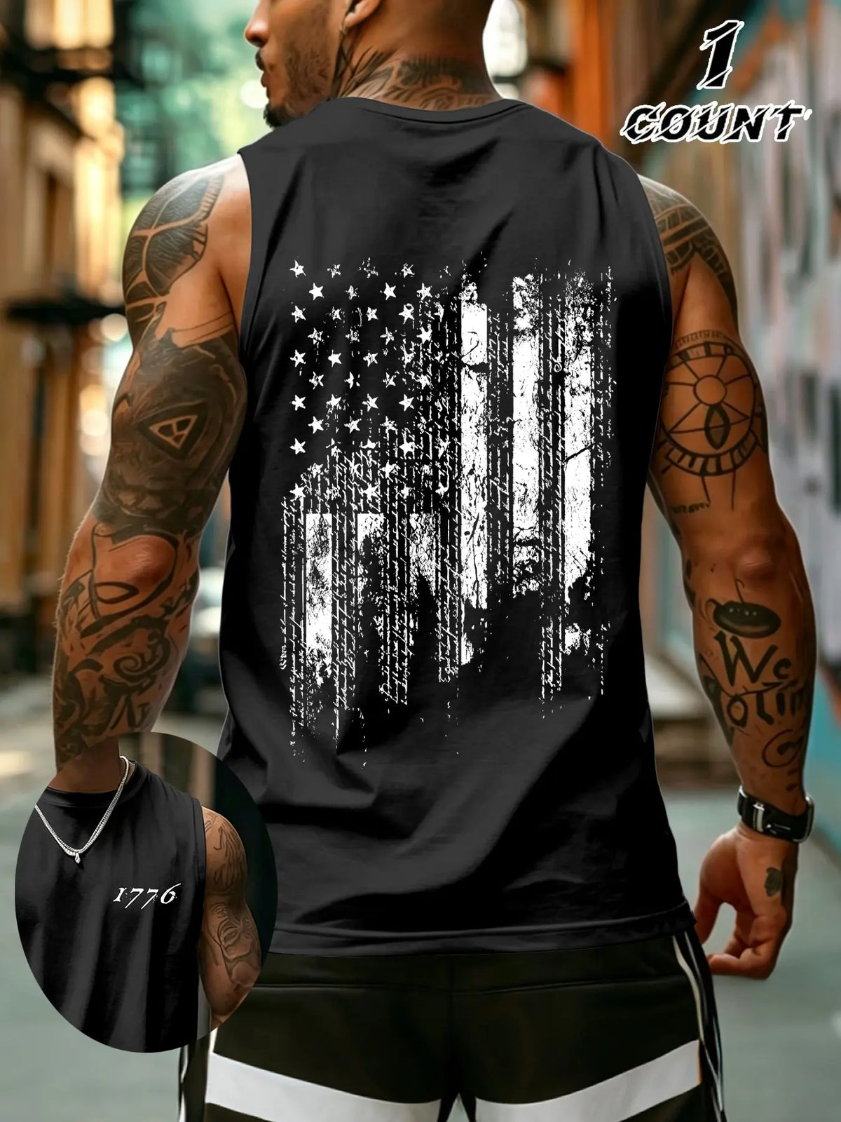 Men's Sleeveless Flag Print Tank Top, Breathable Stretchy Fabric, Street Style, Fitted Design, Comfortable Daily Wear, Streetwear Tank Vest, Sleeveless Tank Tops