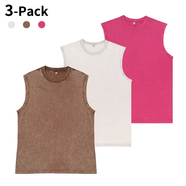 3-Pack Vintage Acid Wash Tank Tops - Heavyweight Cotton Sleeveless Streetwear T-Shirts, Unisex