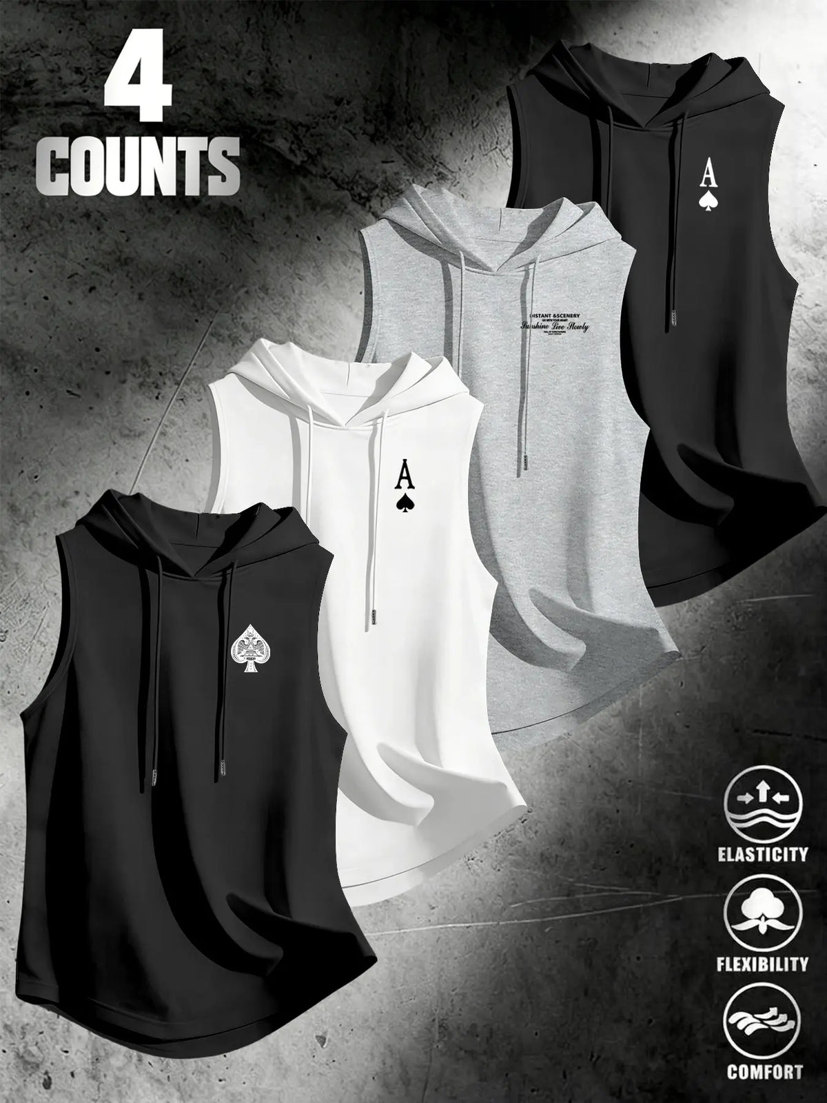 4 Piece Set Men's Streetwear Hooded Sleeveless Clothes Tank Tops, Urban Street Tank, Ace Dark Style, Loose Fit, Multi-Color, Casual Fitness Wear, Stylish Tank Tops