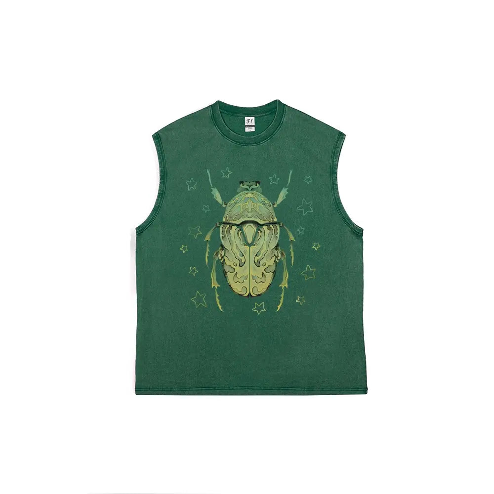 Men's Green Scarab Beetle Vintage Washed Pure Cotton Tank Top - Tshirt, Relaxed Fit, Distressed Look, Mensfashion, Back to School Shopping, Soho Chic