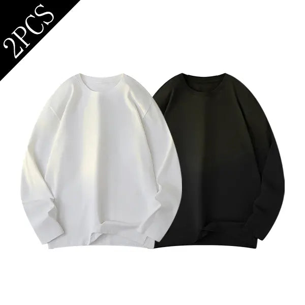 Men's Pure Cotton Soft Knit Thermal Crew Neck Long-Sleeve Shirt - Solid Plain, Warm, Casual Pull-On Pullover Top