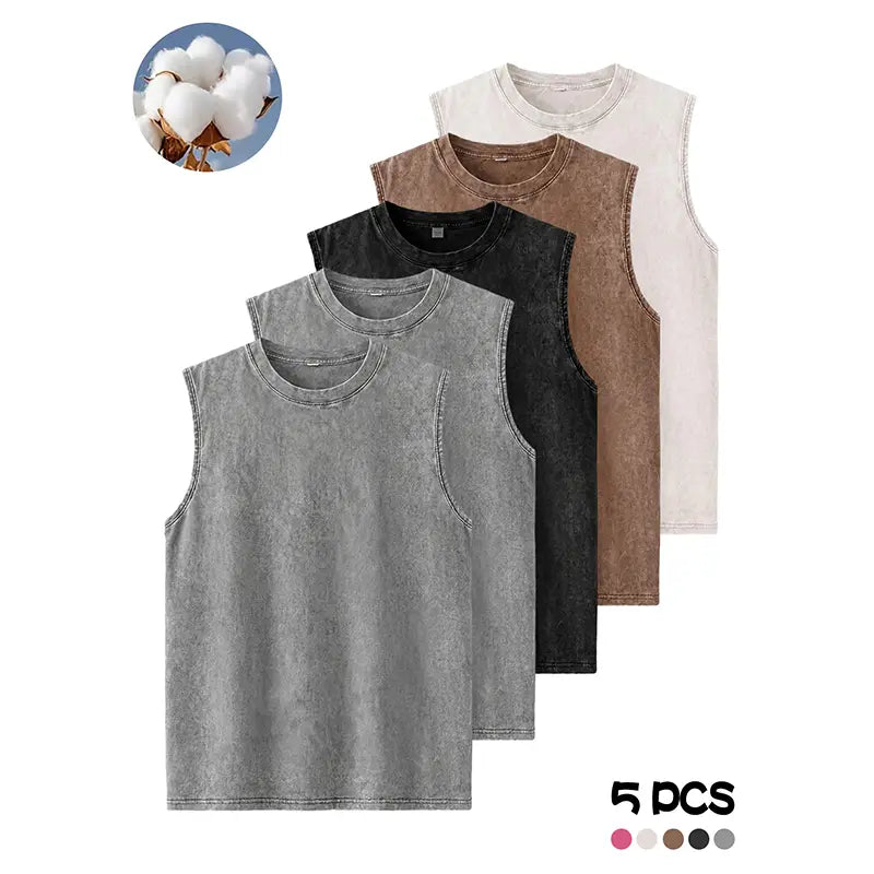 Men's Fashion Washed Pure Cotton Crew Neck Sleeveless Tank Tops, Breathable Moisture-Wicking Vest for Summer Outdoor Sports, Casual Outings