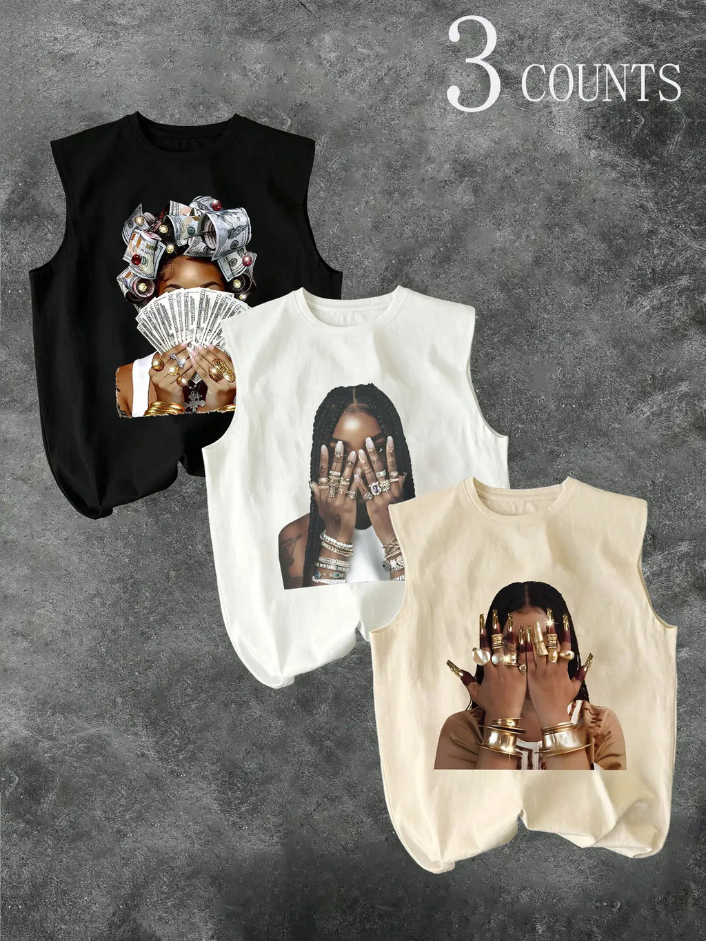 Men's Three-Piece Trendy Casual Oversized Loose Sleeveless Vest Set, Face-Wiping Woman Graphic Print, Perfect for Summer Clothes, Vacation, Friend Gatherings